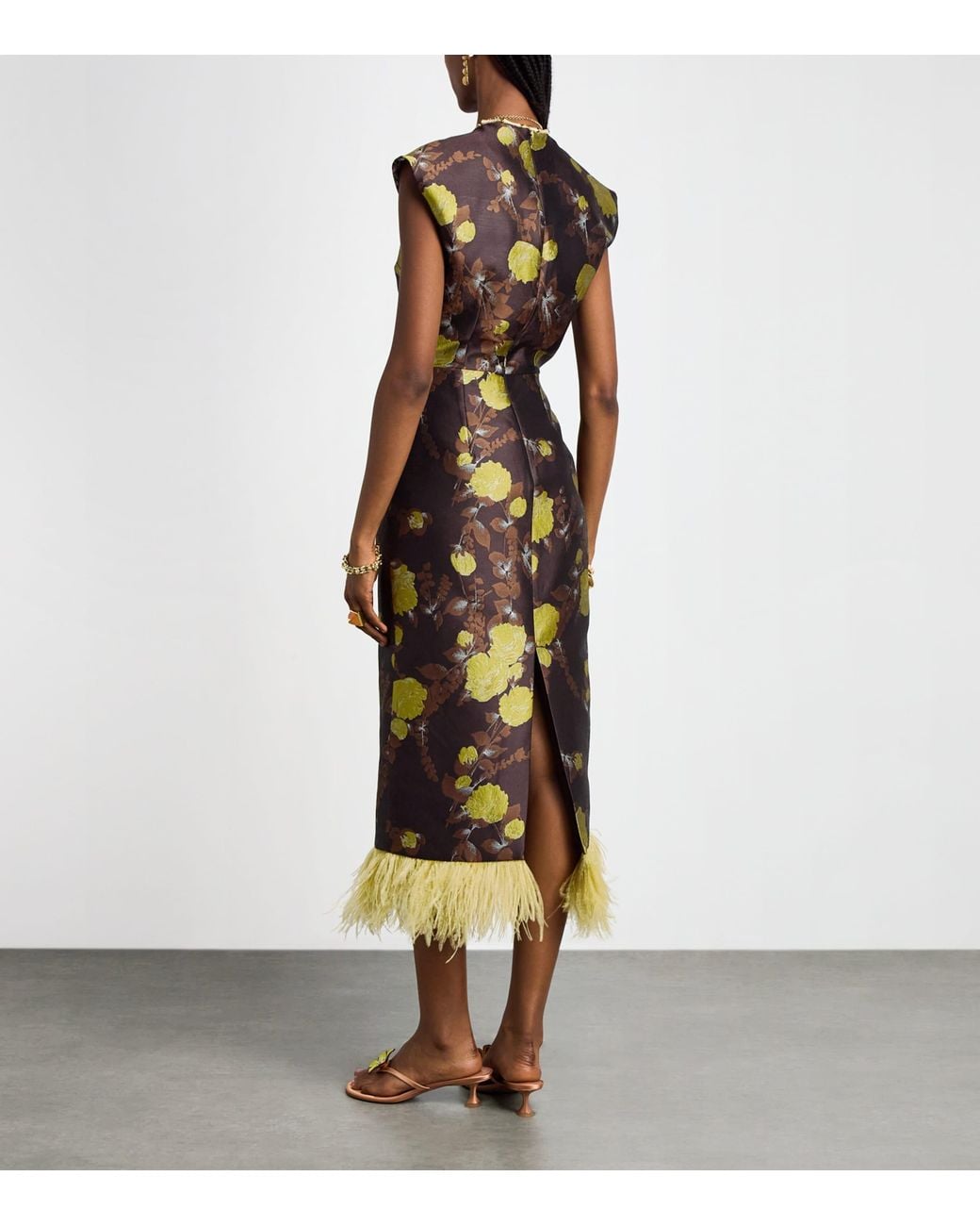 LaDoubleJ Metallic Feather-Trim Sleek Midi Dress