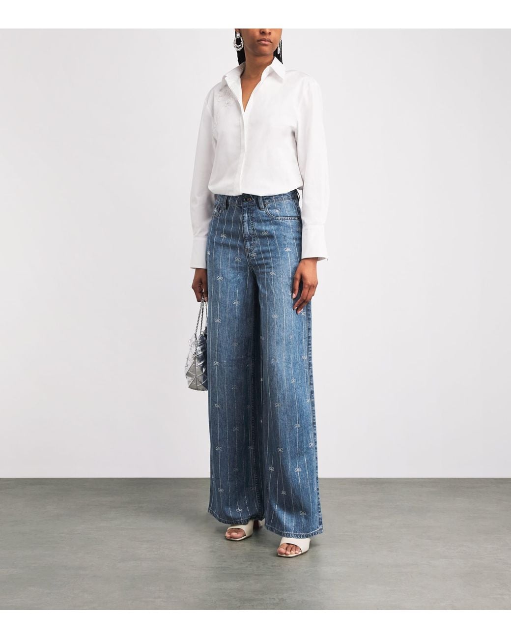 Self-Portrait Blue Rhinestone Stripe Wide-Leg Jeans