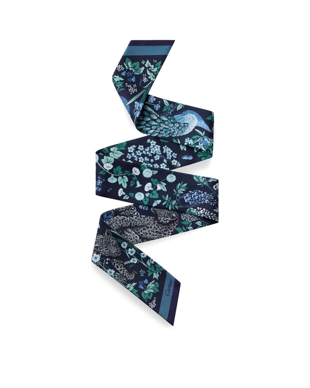 Cartier Blue Silk Blooming Panthère Skinny Scarf