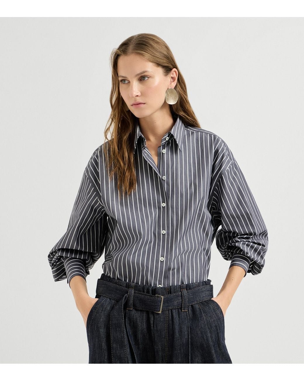 Brunello Cucinelli Gray Cotton Poplin Stripe Shirt