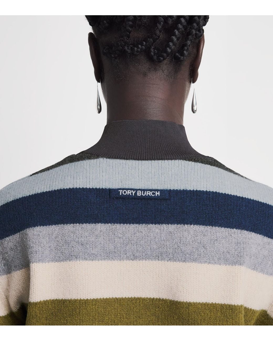Tory Burch Blue Wool Stripe Funnel-Neck Sweater