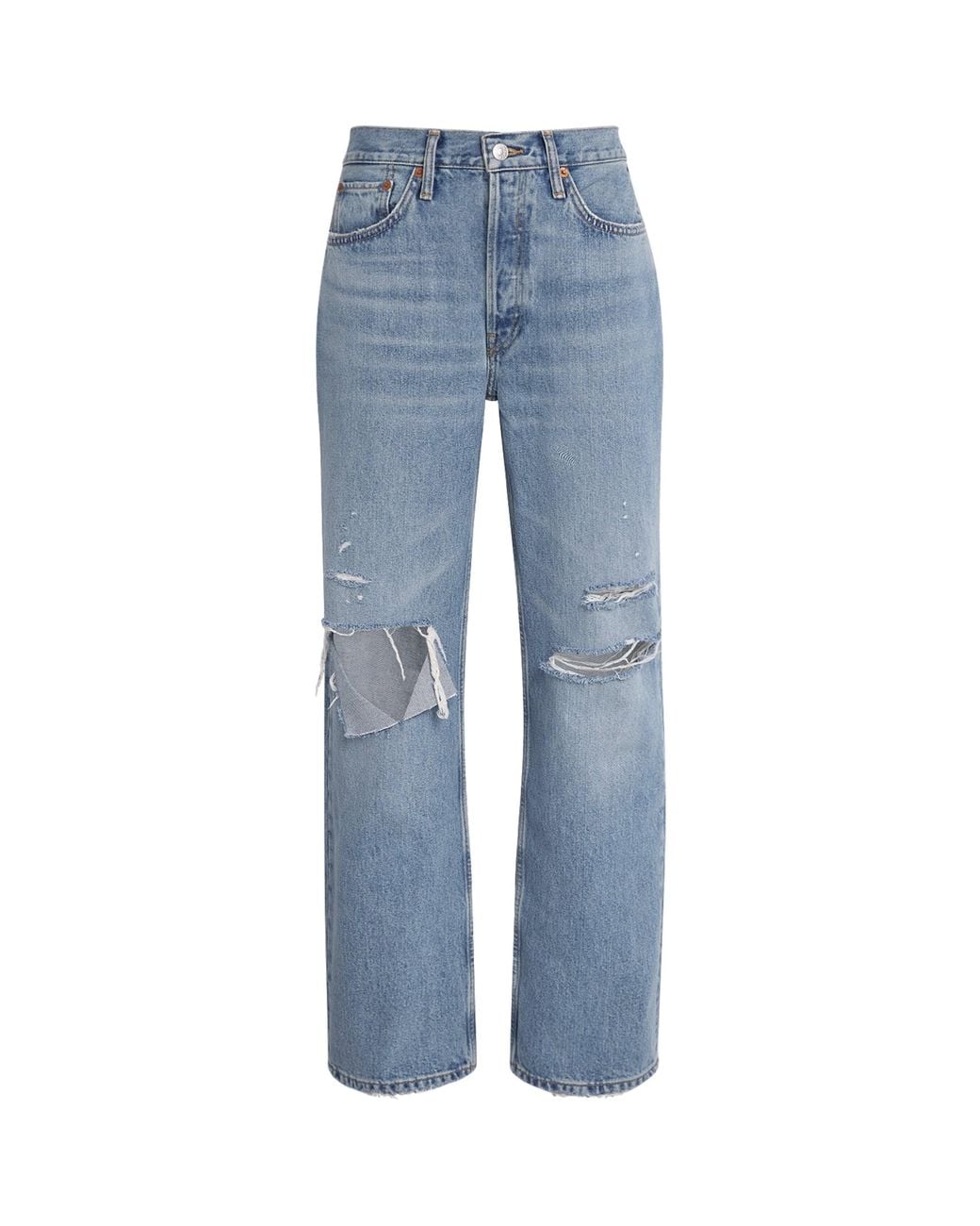 Re/done Blue Distressed Mid-Rise Straight Jeans