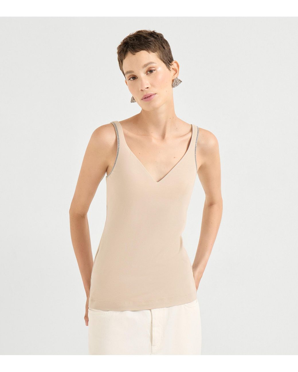 Brunello Cucinelli Natural Cotton-Blend Monili V-Neck Tank Top