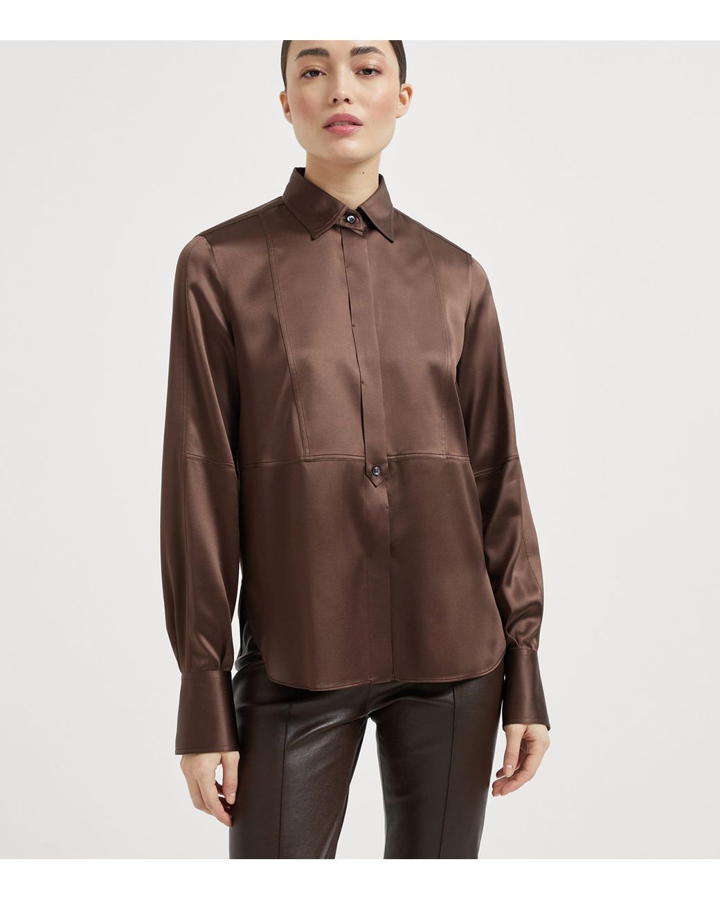 Brunello Cucinelli Brown Stretch-Silk Satin Shirt