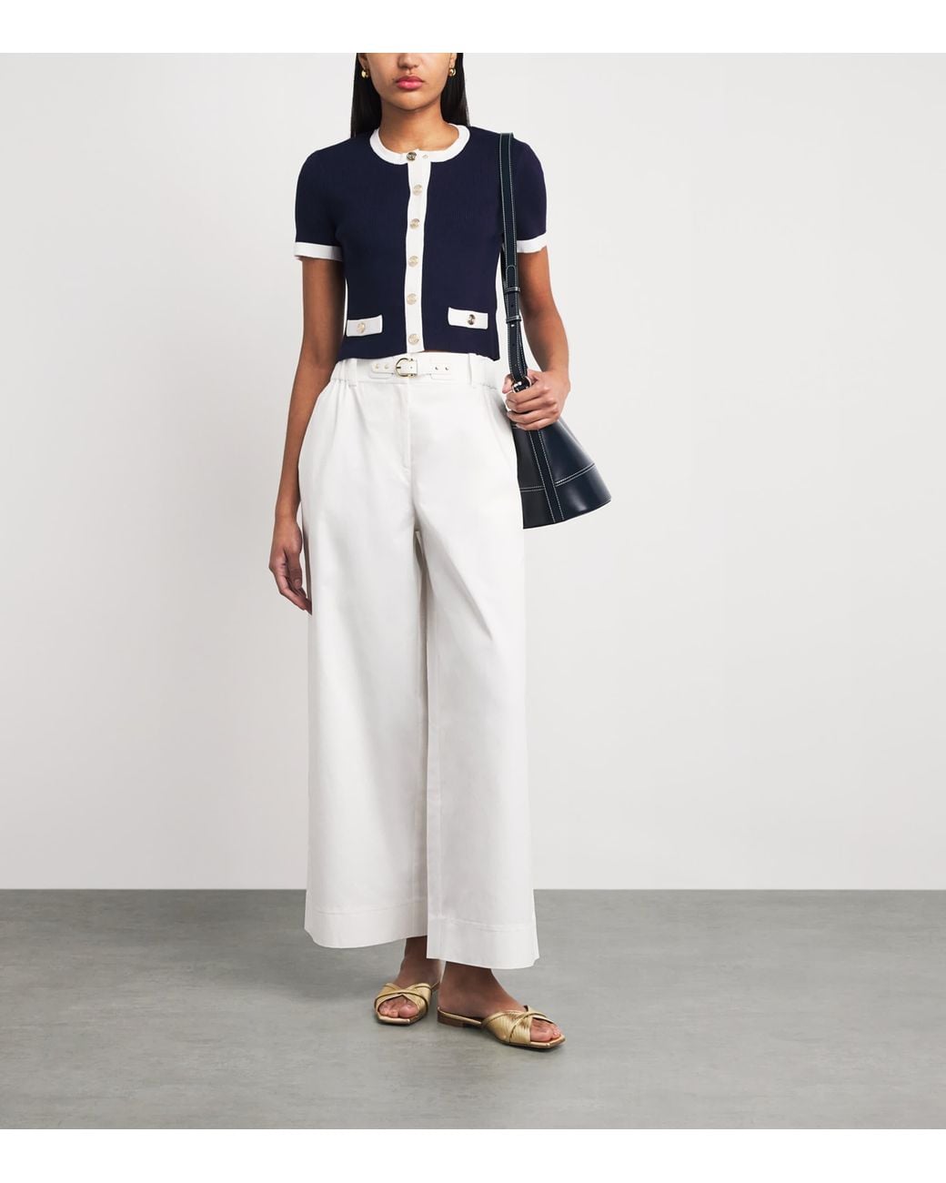 Maje Blue Contrast-Trim Cropped Cardigan