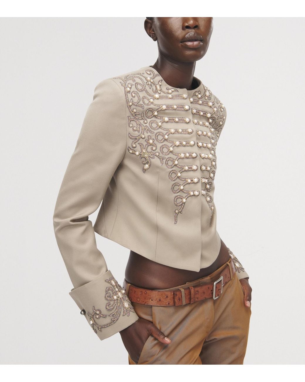 McQueen Natural Wool Beaded Cropped Jacket