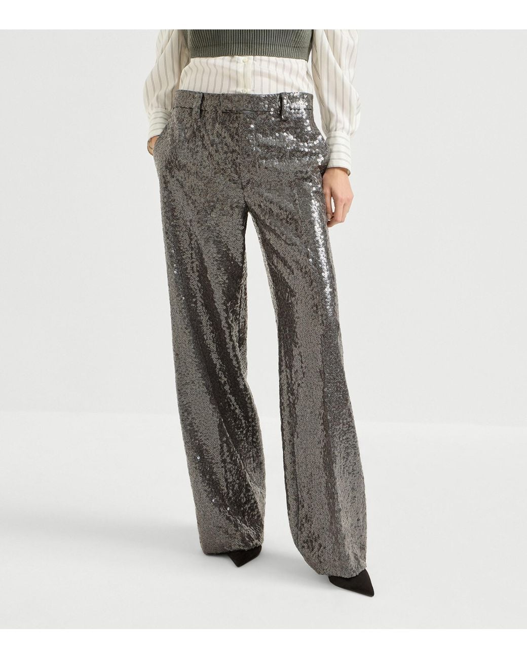 Brunello Cucinelli Gray Virgin Wool Sequin Wide-Leg Trousers