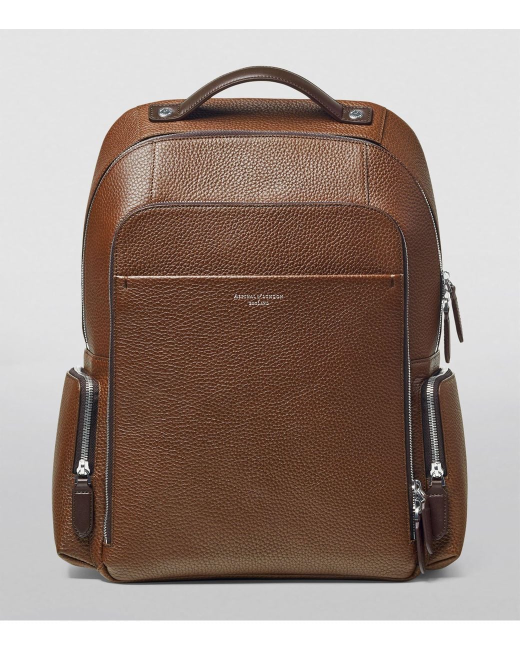 Aspinal Brown Pebble Leather Reporter Zipped Backpack