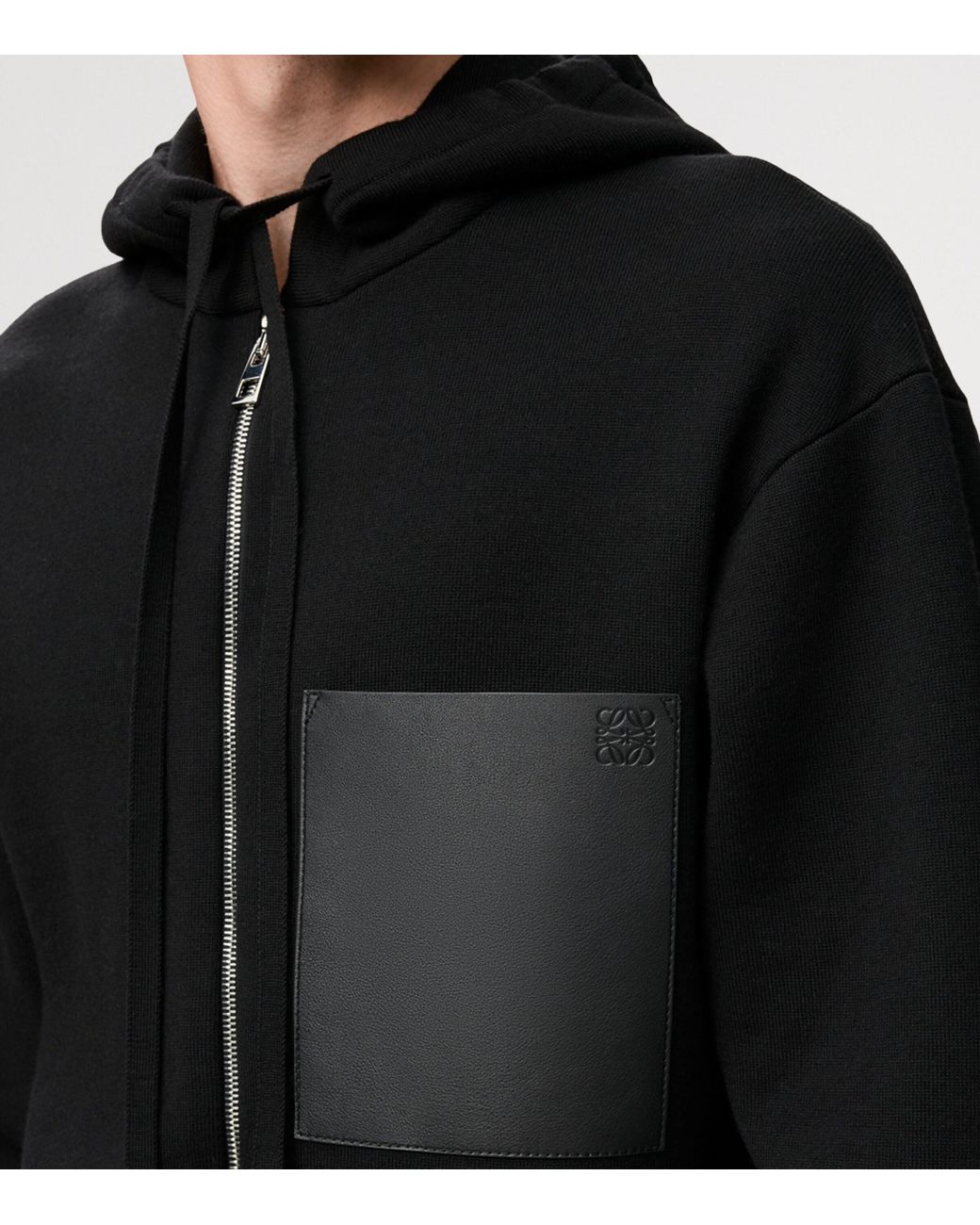 Loewe Black Wool-Blend Leather-Pocket Hoodie for men