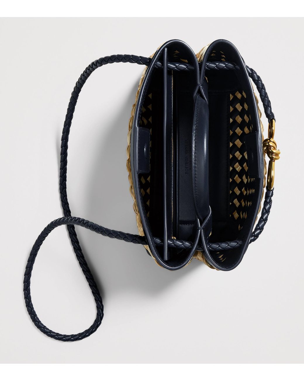 Bottega Veneta Blue Small Raffia Andiamo Top-Handle Bag