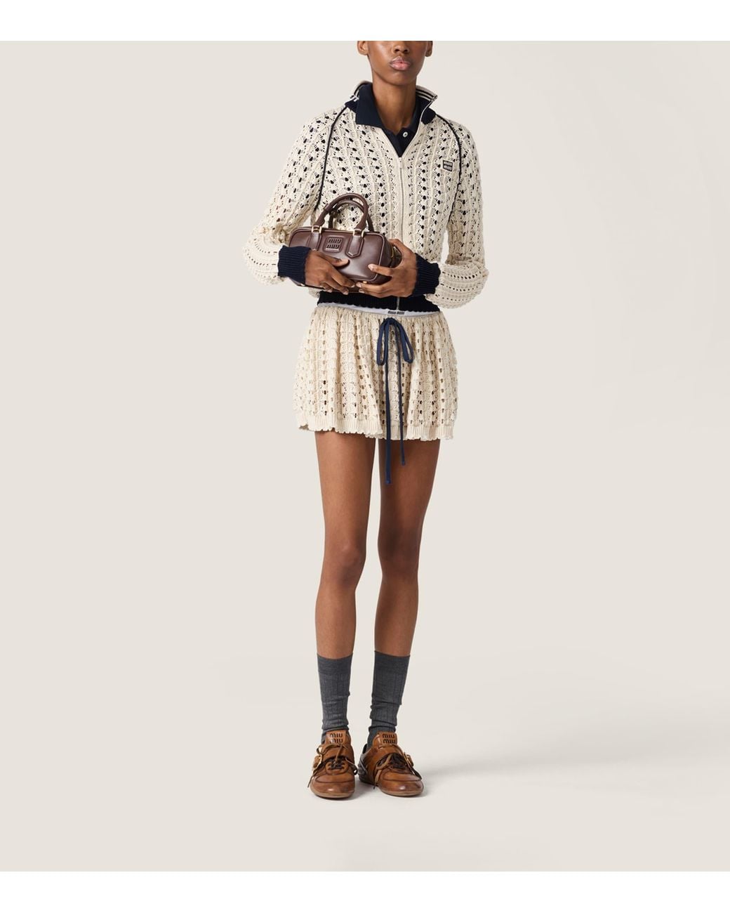 Miu Miu Natural Cotton Openwork-Knit Mini Skirt