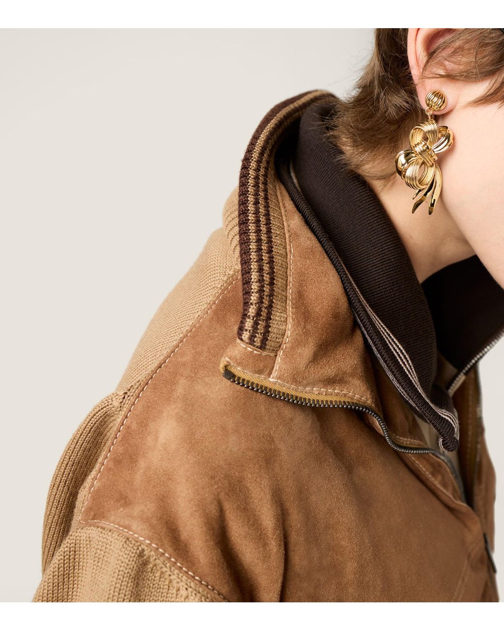 Miu Miu Brown Wool-Leather Zip Cardigan