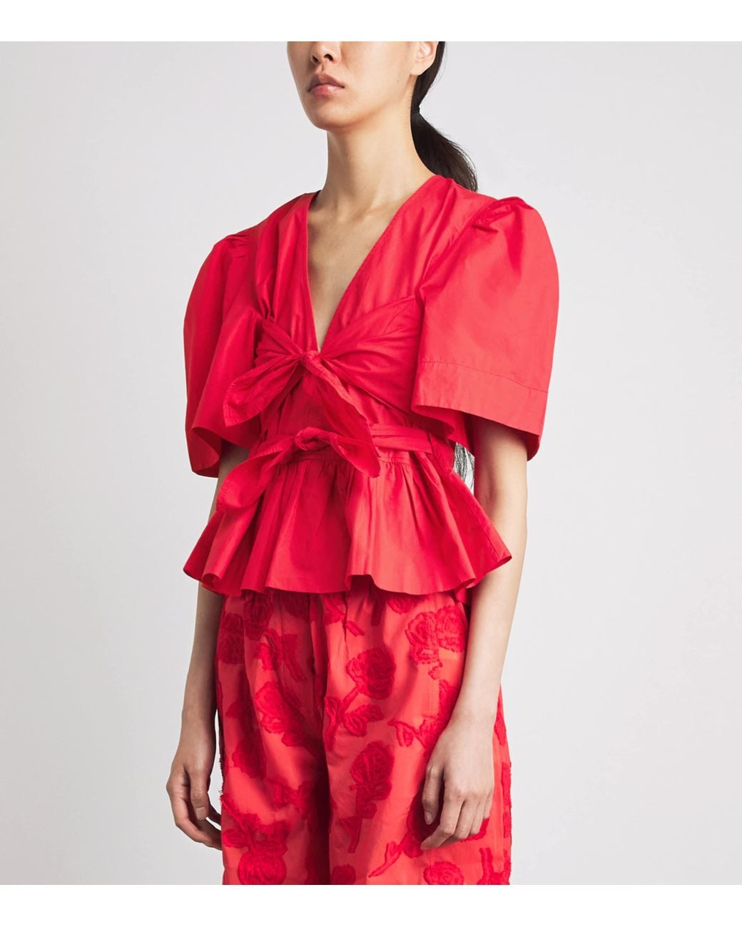 Ganni Red Cotton Bow-Detail Blouse