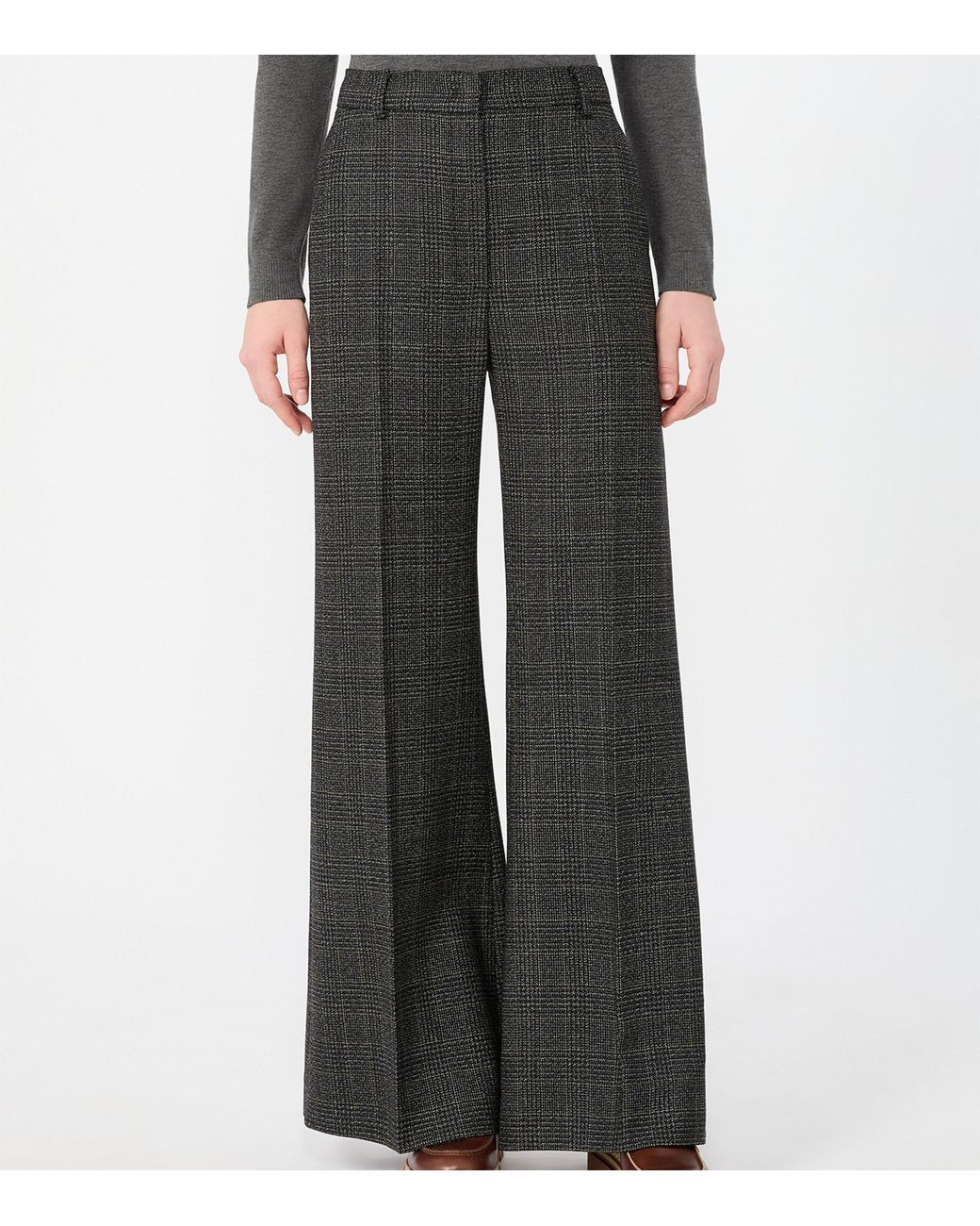 Weekend by Maxmara Gray Virgin Wool Check Flared Trousers