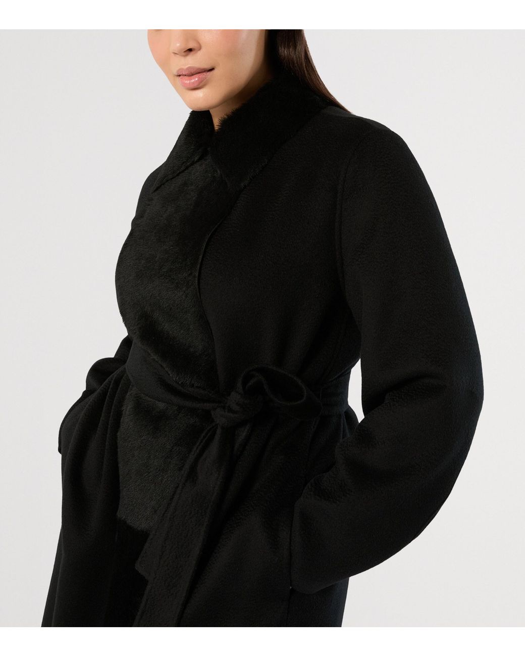Marina Rinaldi Black Wool Lamb-Fur Wrap Coat