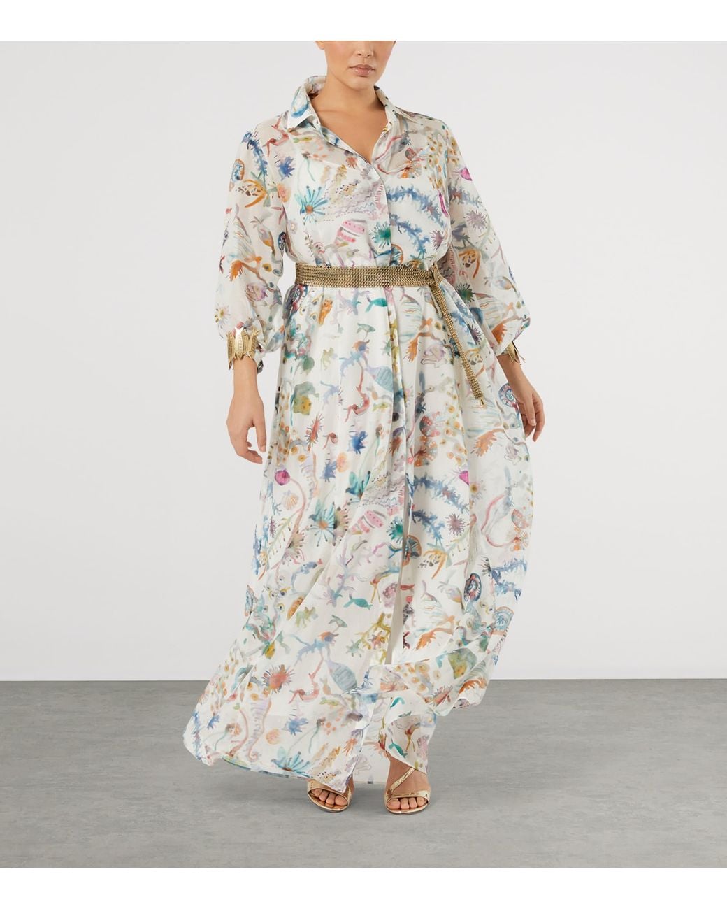 Marina Rinaldi White Cotton-Silk Maxi Shirt Dress