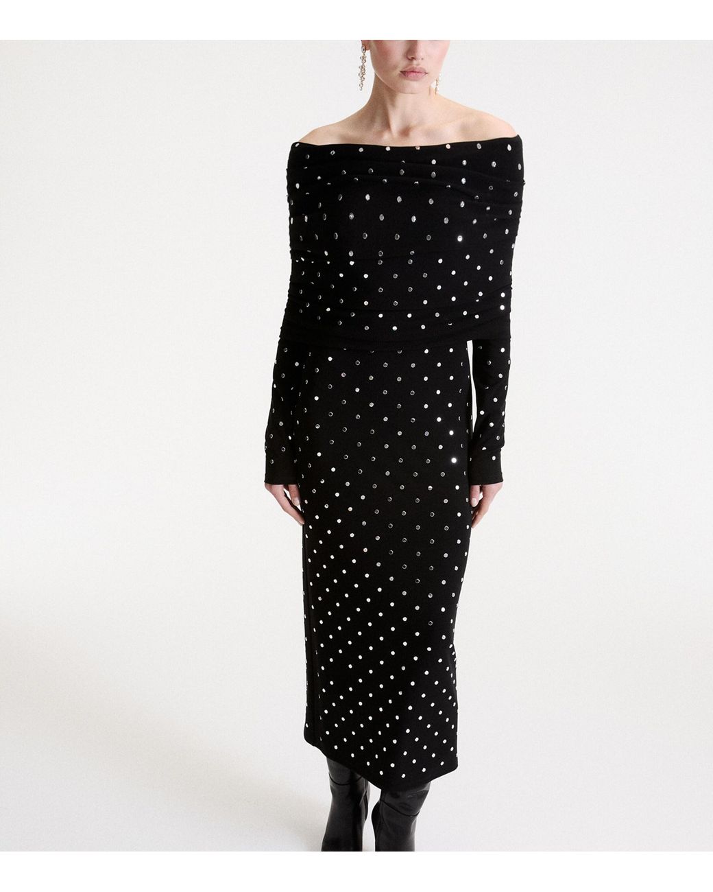 Marella Black Studded Off The Shoulder Midi Dress