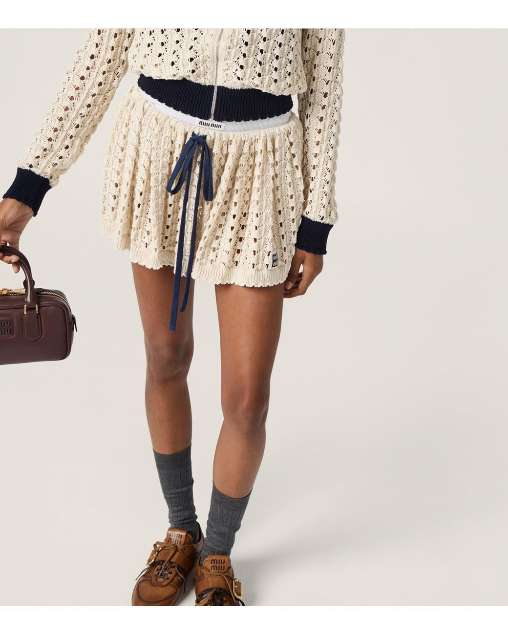 Miu Miu Natural Cotton Openwork-Knit Mini Skirt