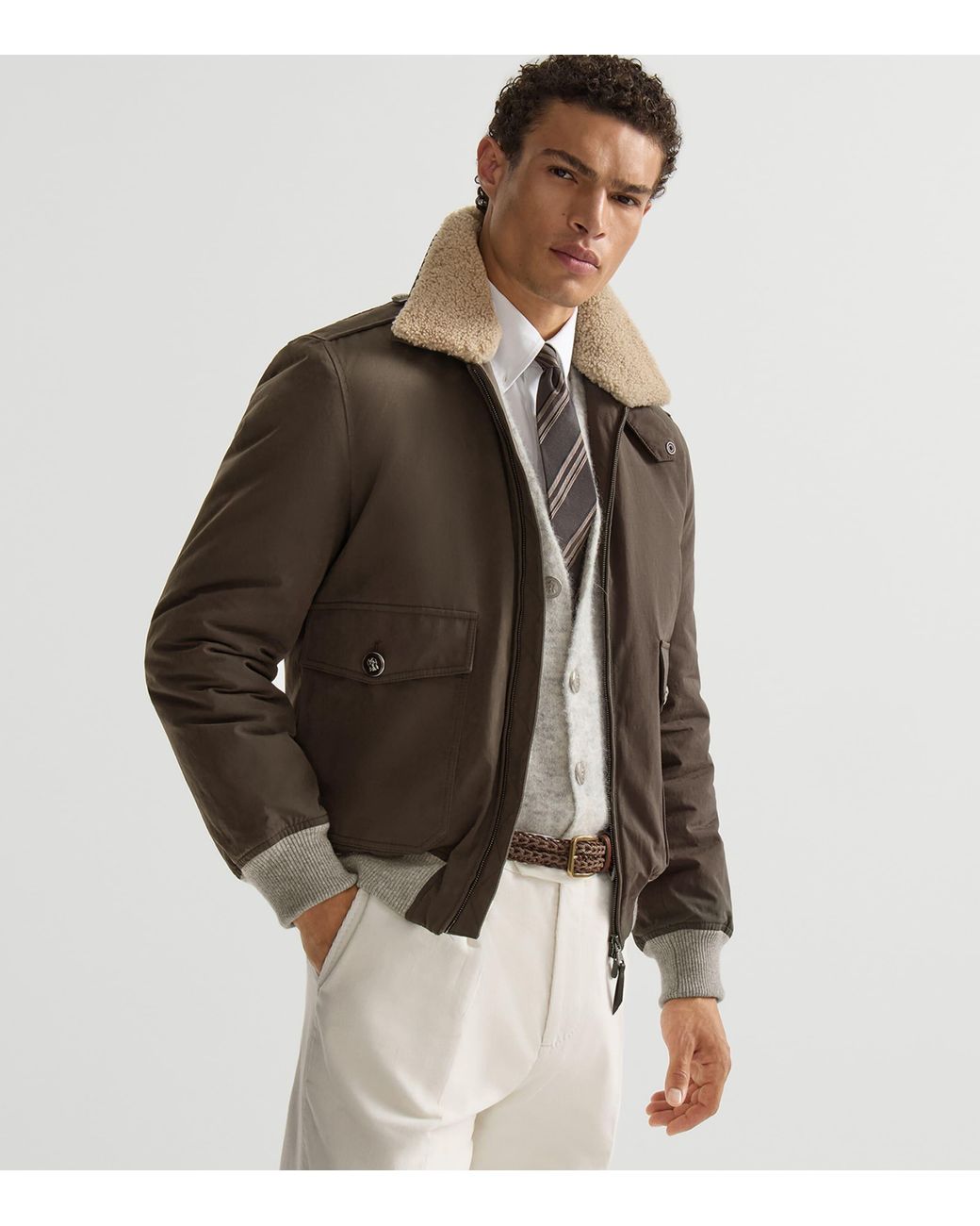 Brunello Cucinelli Brown Waxed Techno-Cotton Bomber Jacket for men