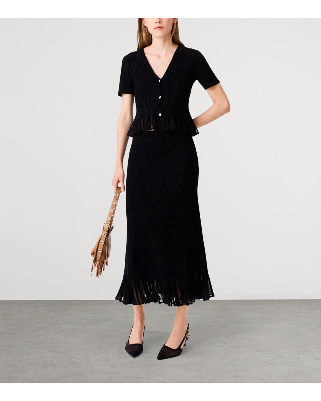 Maje Black Plissé Midi Skirt