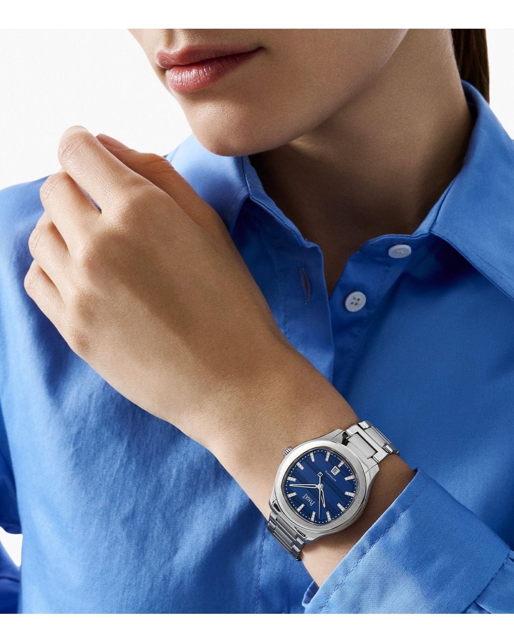 Piaget Blue Stainless Steel And Diamond Polo Date Watch