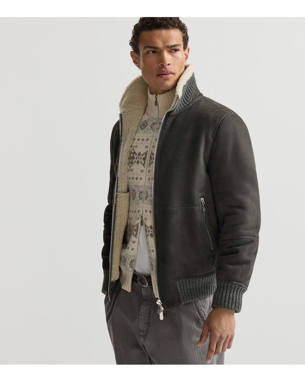 Brunello Cucinelli Black Suede-Shearling Bomber Jacket for men