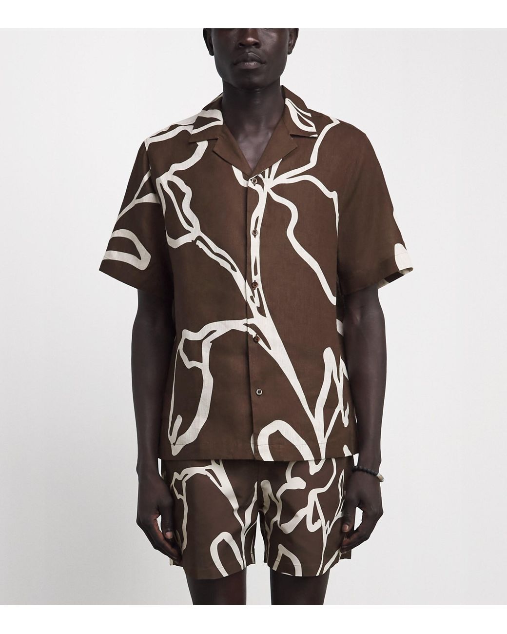 Frescobol Carioca Brown Linen Floral Roberto Shirt for men