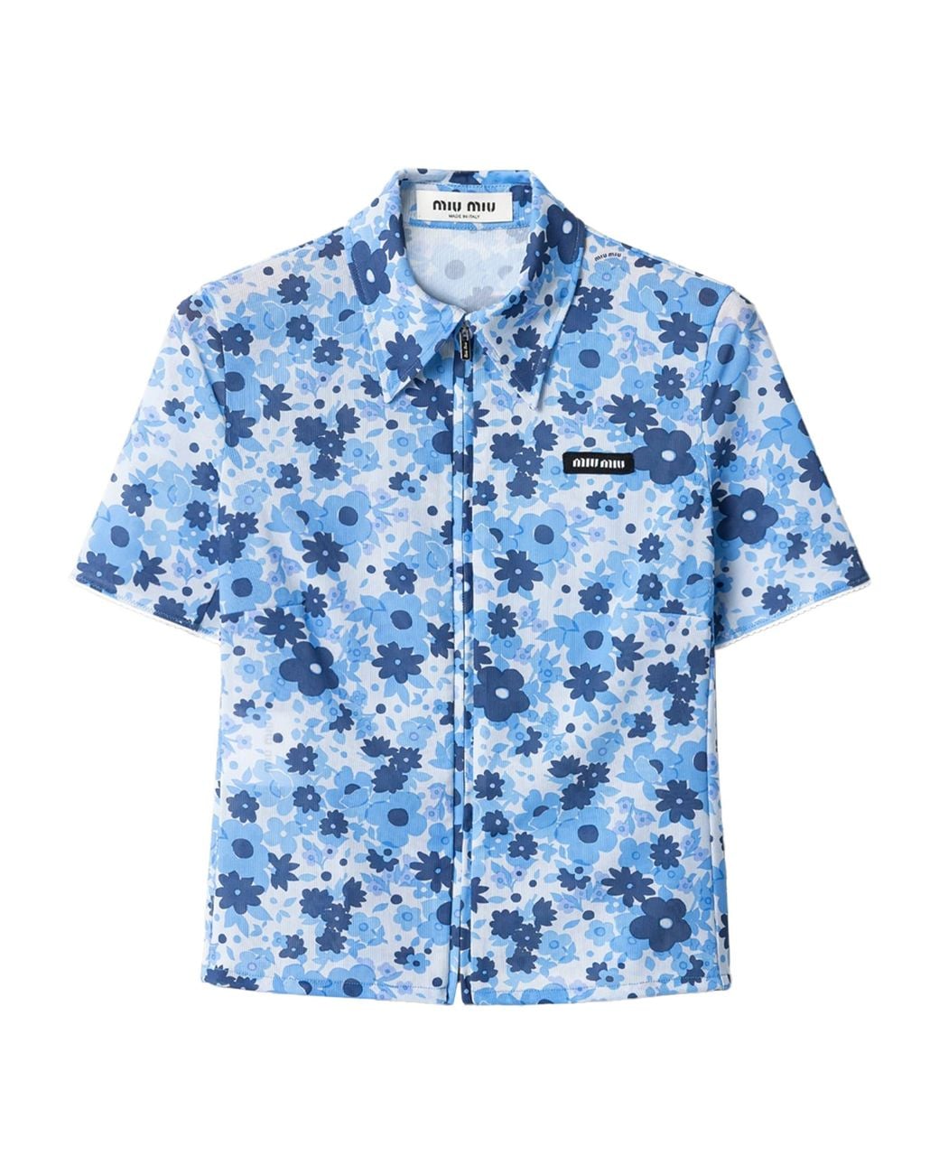 Miu Miu Blue Zip-Up Floral Print Shirt