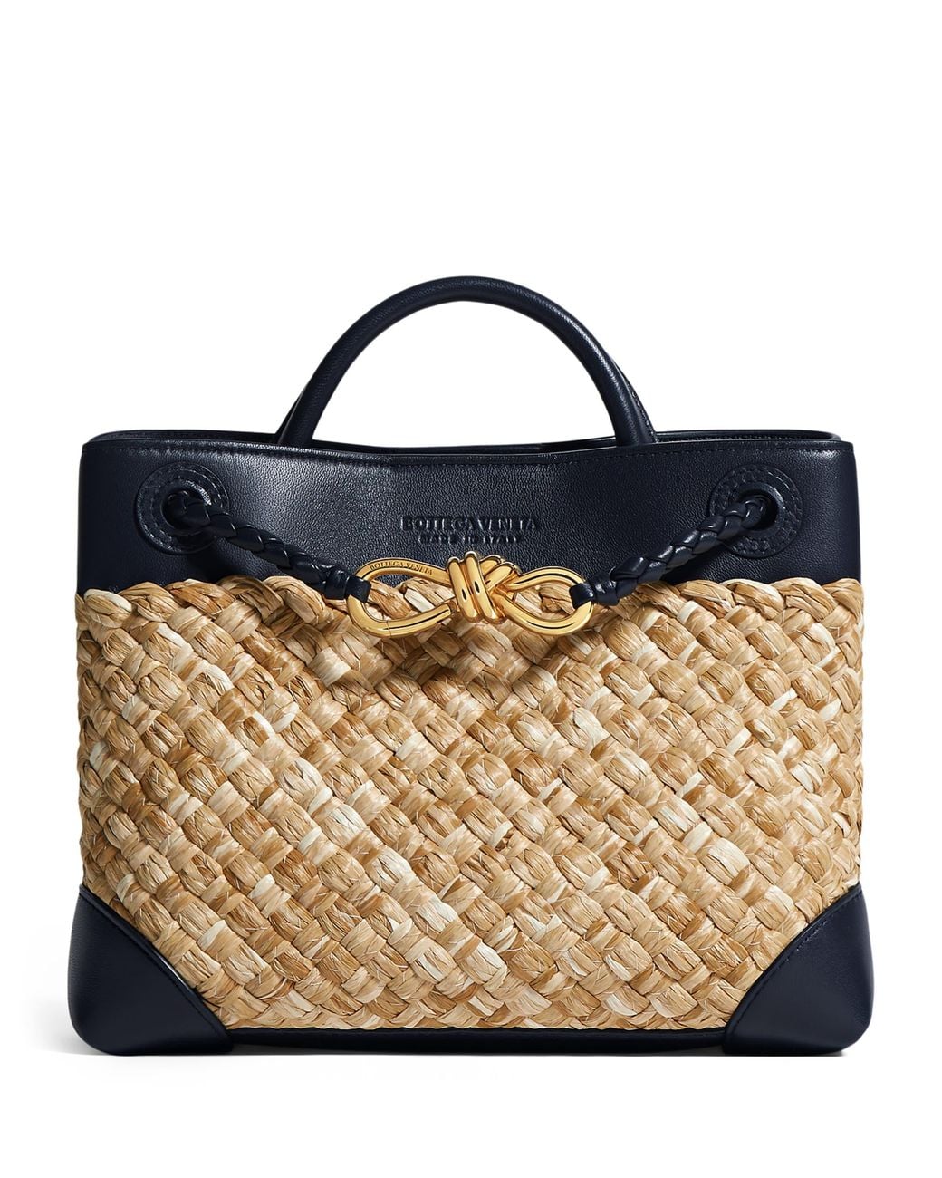 Bottega Veneta Blue Small Raffia Andiamo Top-Handle Bag