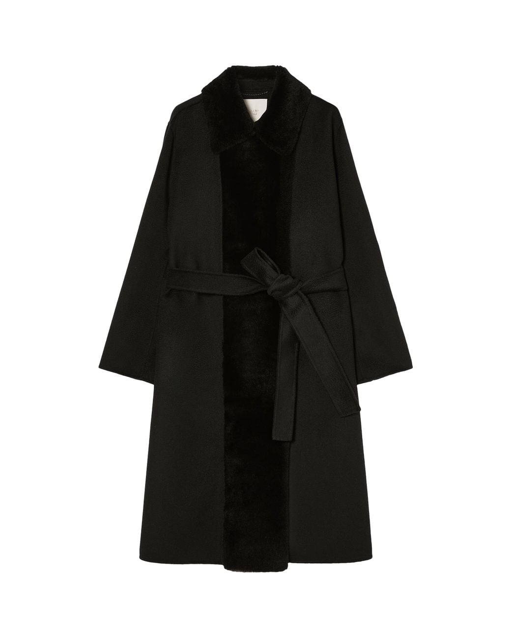Marina Rinaldi Black Wool Lamb-Fur Wrap Coat
