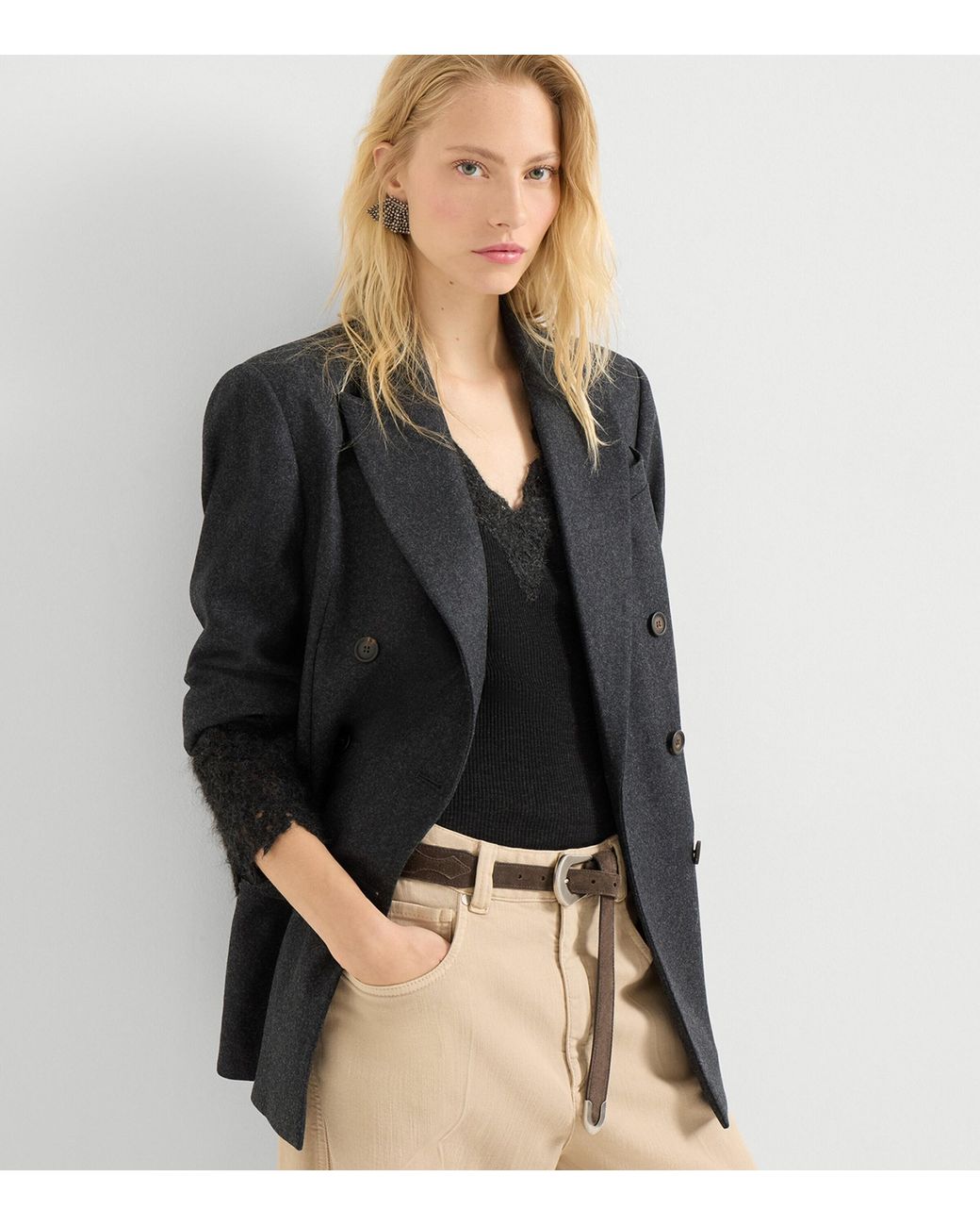 Brunello Cucinelli Black Lace-Detail Double-Breasted Blazer