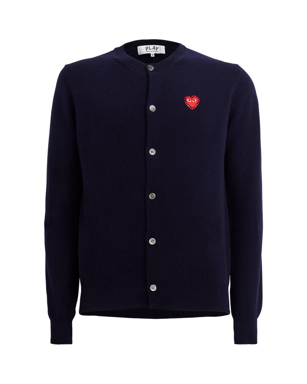 COMME DES GARÇONS PLAY Blue Wool Rhinestone Heart Logo Cardigan for men