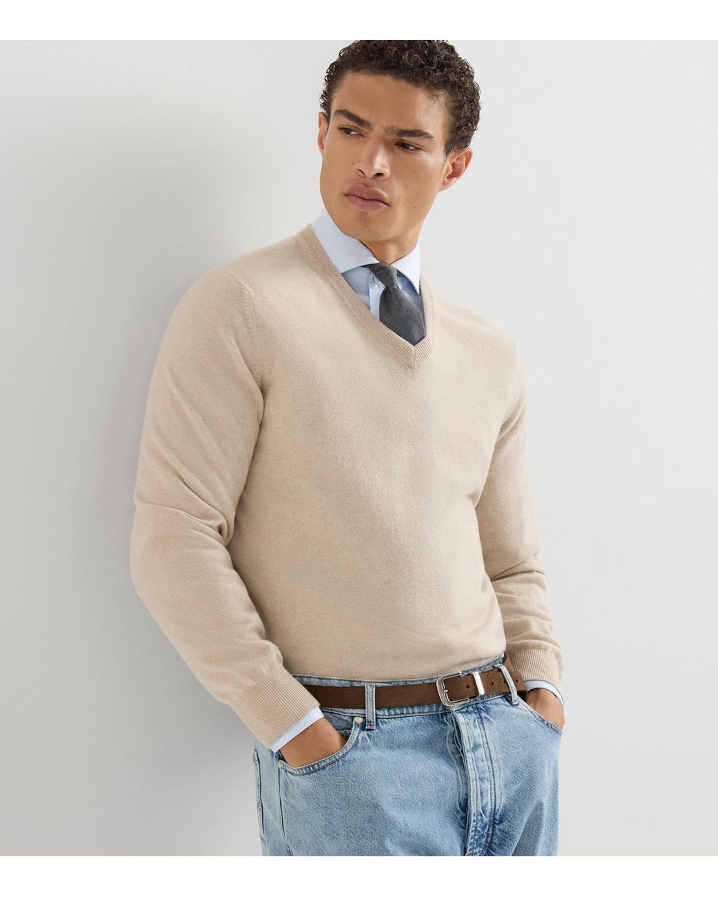Brunello Cucinelli White Cashmere V-Neck Sweater for men