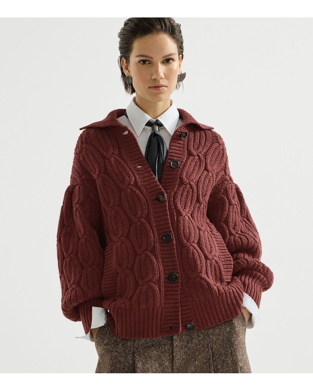 Brunello Cucinelli Red Cashmere Cable-Knit Heritage Cardigan