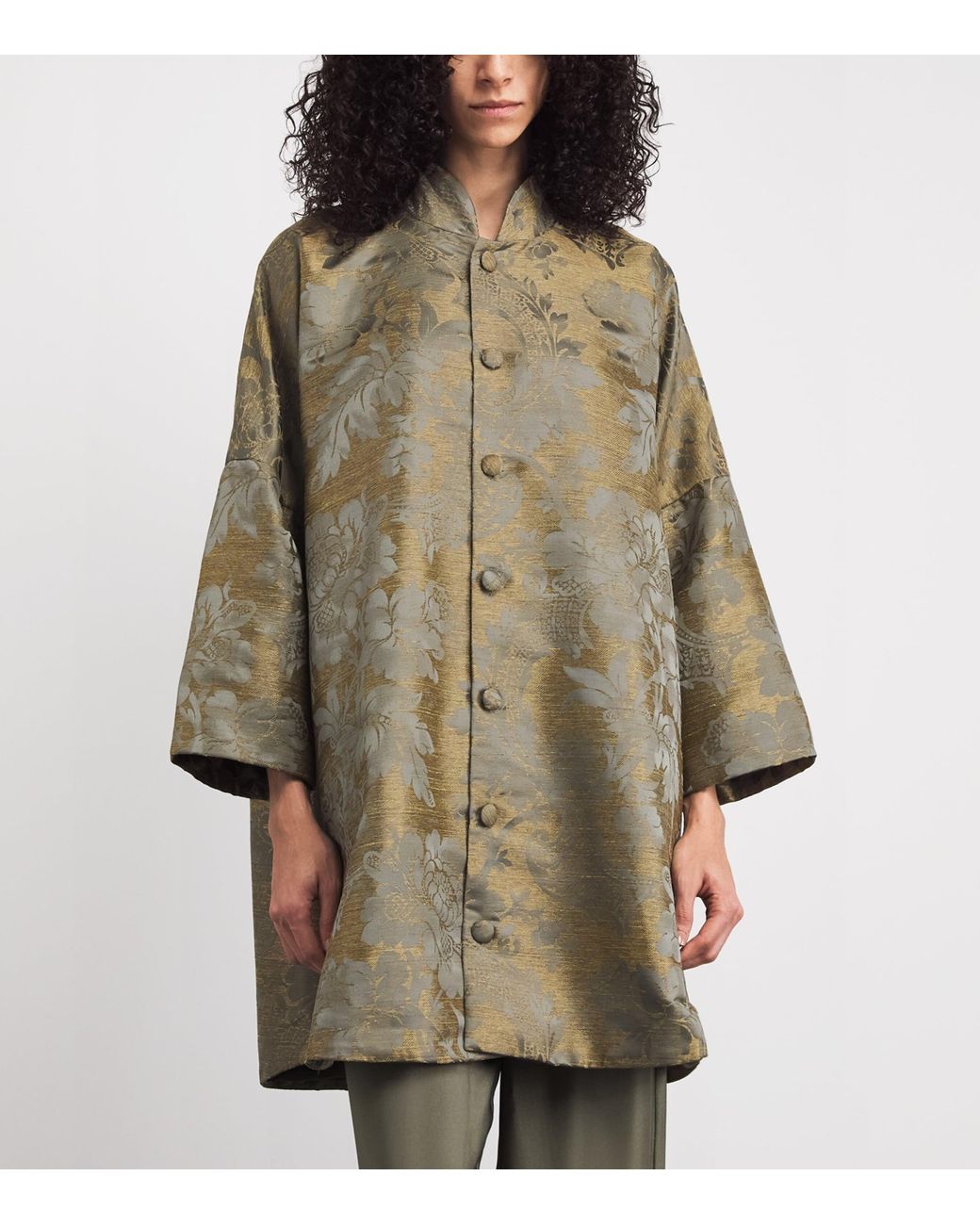 Eskandar Green Jacquard Stand-Collar Coat