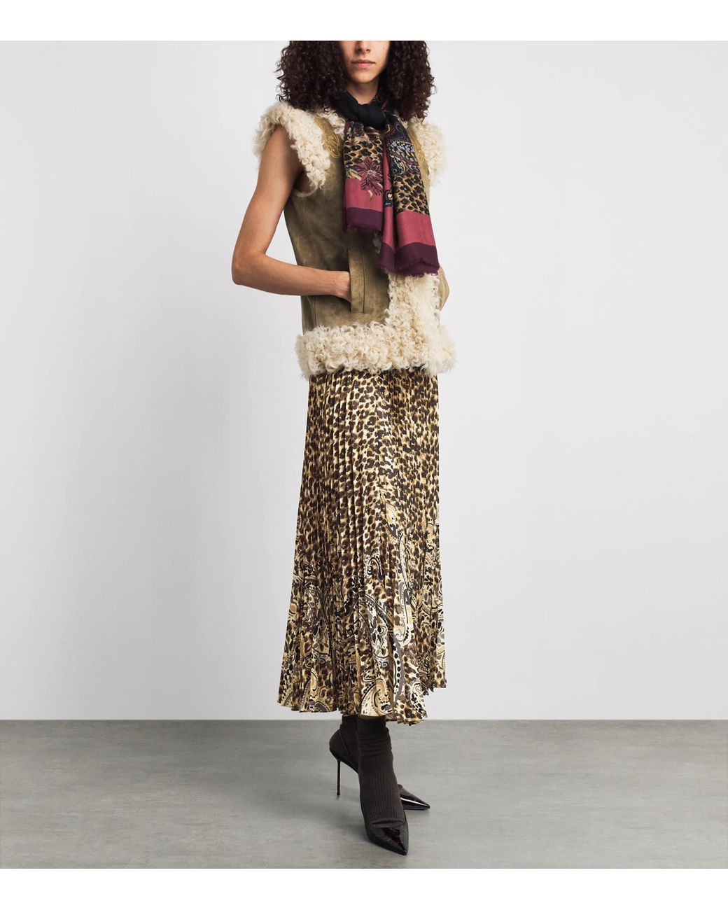 Etro Natural Satin Leopard Pleated Maxi Skirt