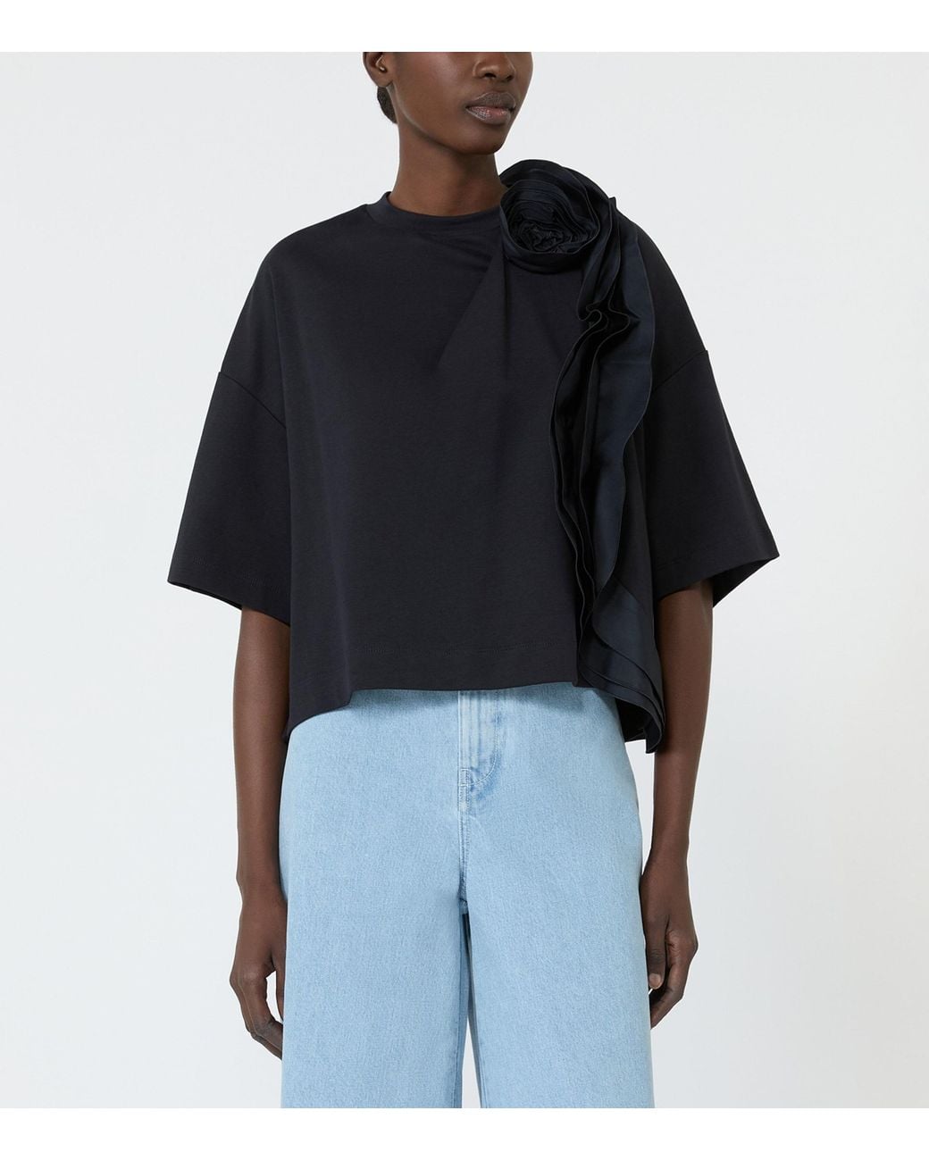 Max Mara Black Cotton Floral Appliqué T-Shirt