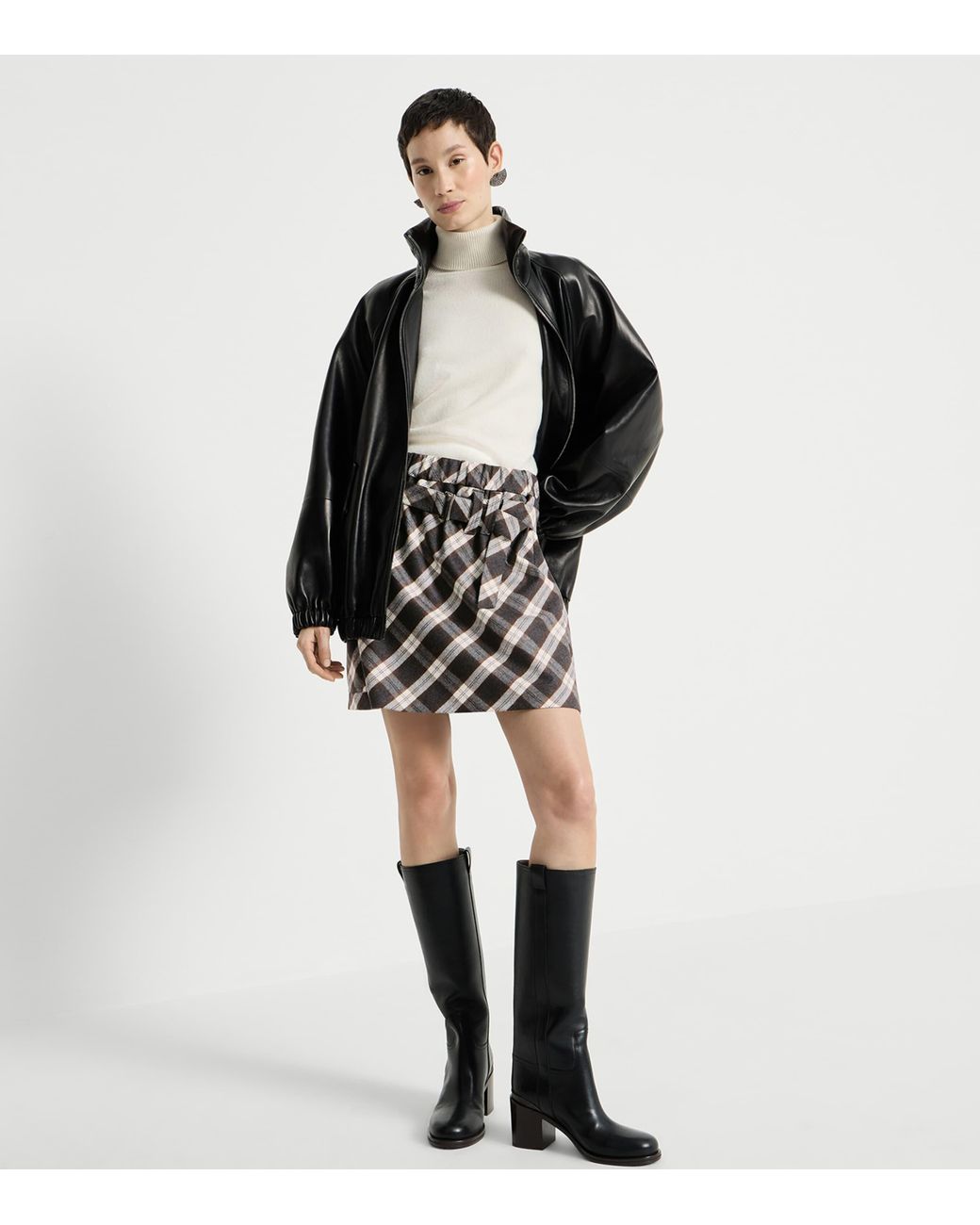 Brunello Cucinelli Gray Virgin Wool-Blend Check Mini Skirt