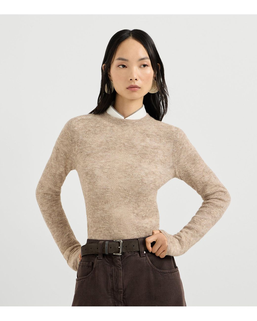Brunello Cucinelli Natural Silk-Alpaca-Wool Lace-Detail Sweater