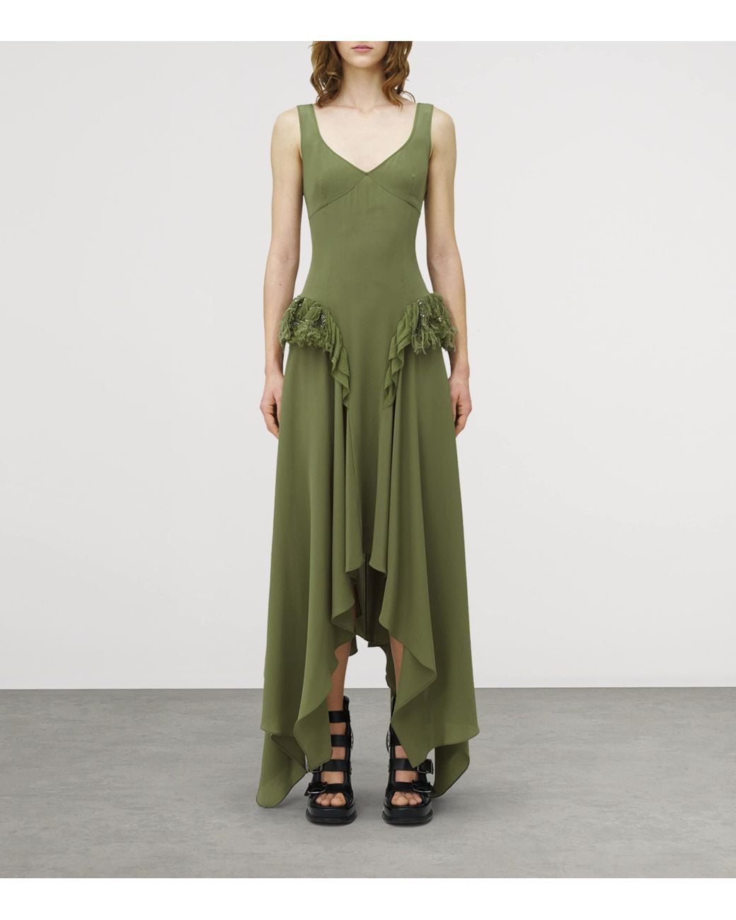 McQueen Silk Asymmetric Midi Dress in Green | Lyst