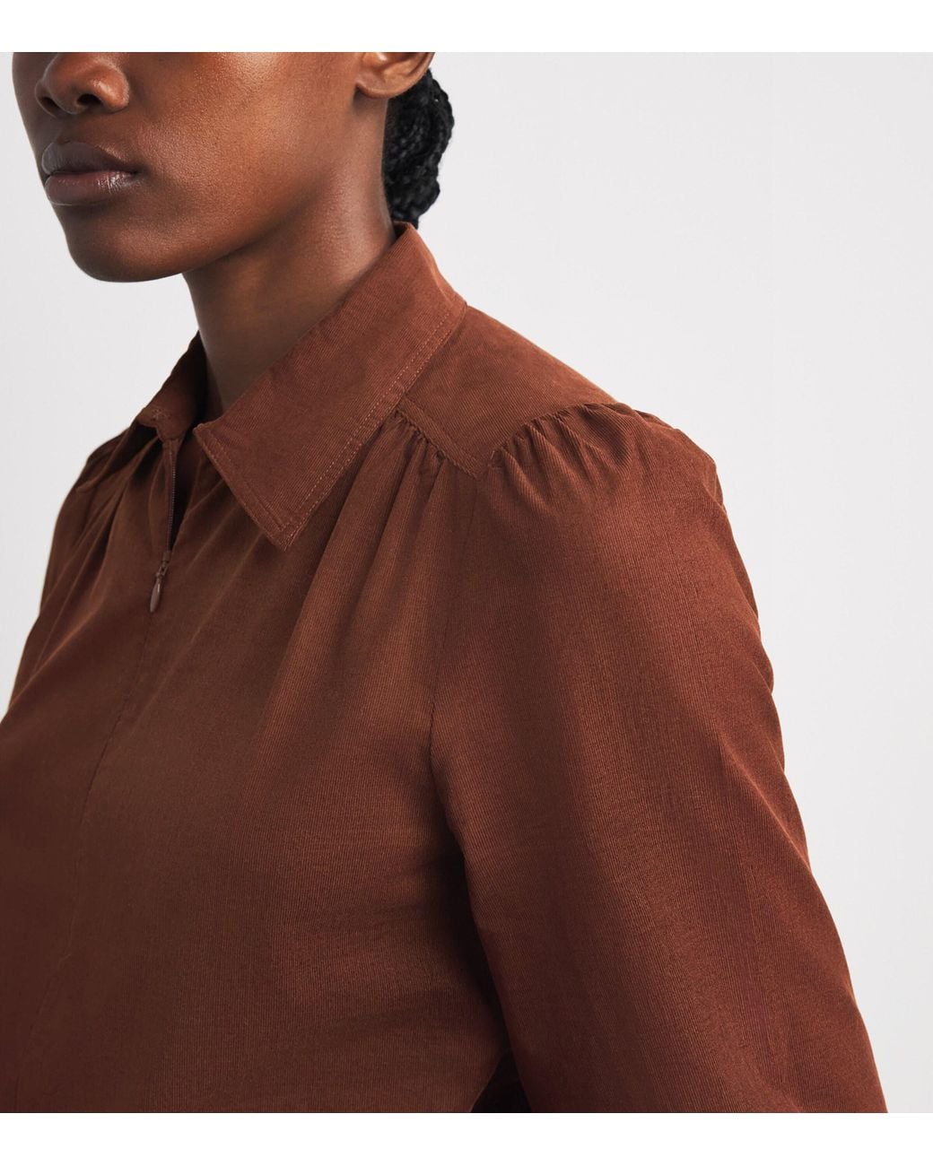 ME+EM Brown Corduroy Zip-Neck Blouse