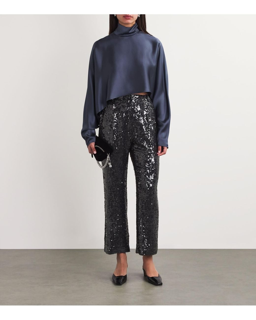 LAPOINTE Gray Sequin Pleated Tapered Trousers