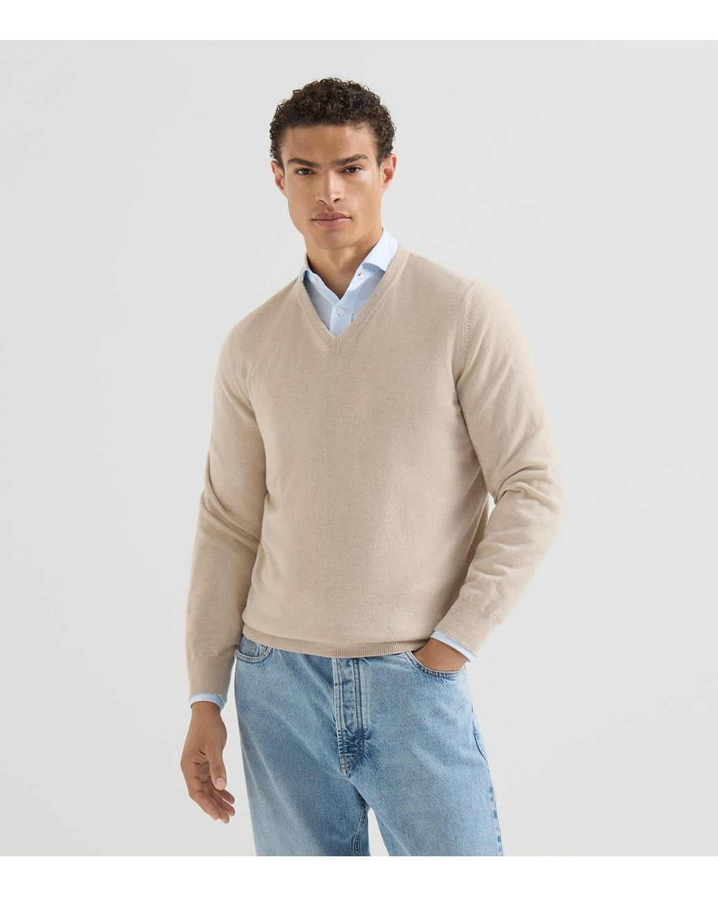 Brunello Cucinelli White Cashmere V-Neck Sweater for men