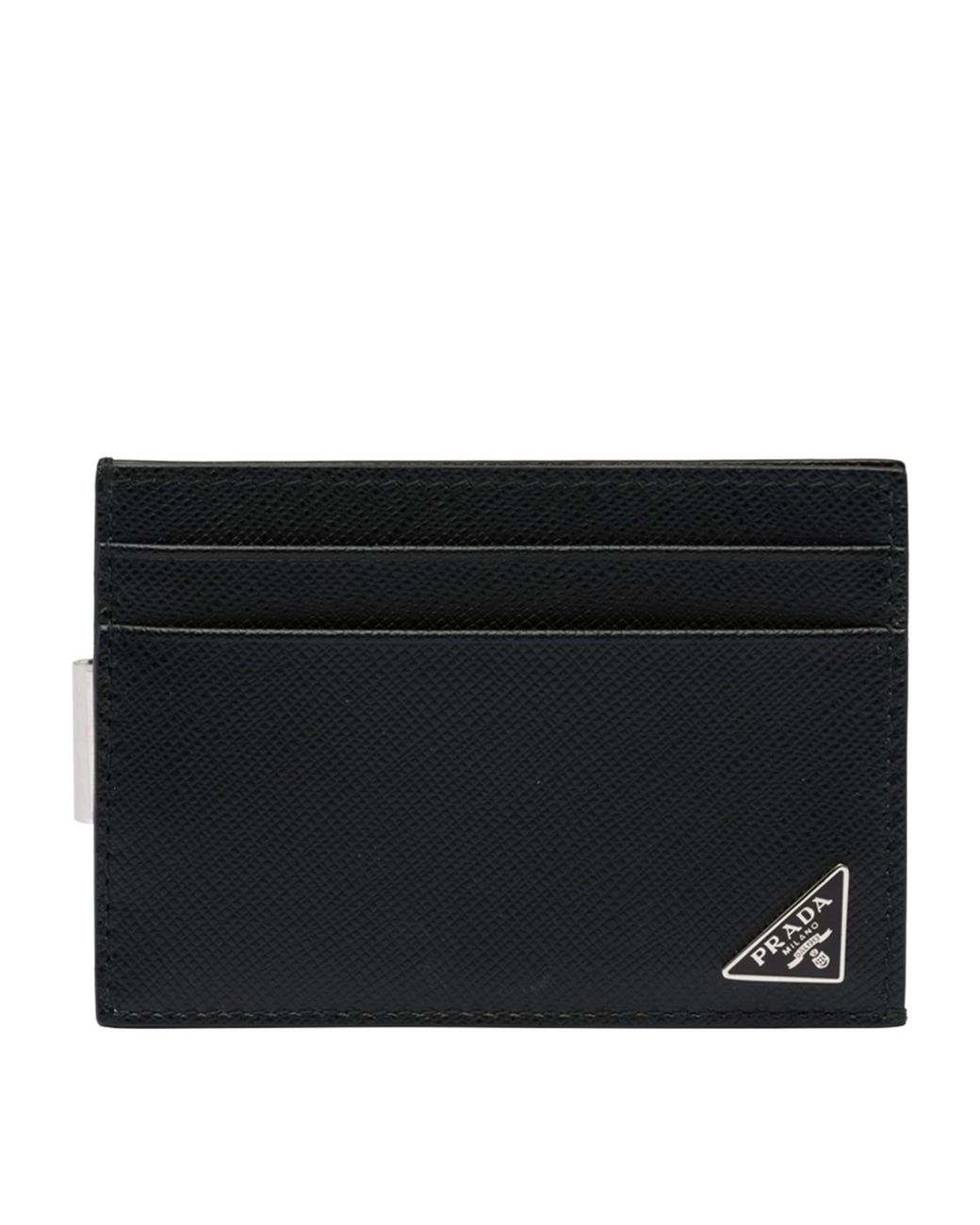 Prada Black Saffiano Leather Triangle Money Clip Card Holder for men