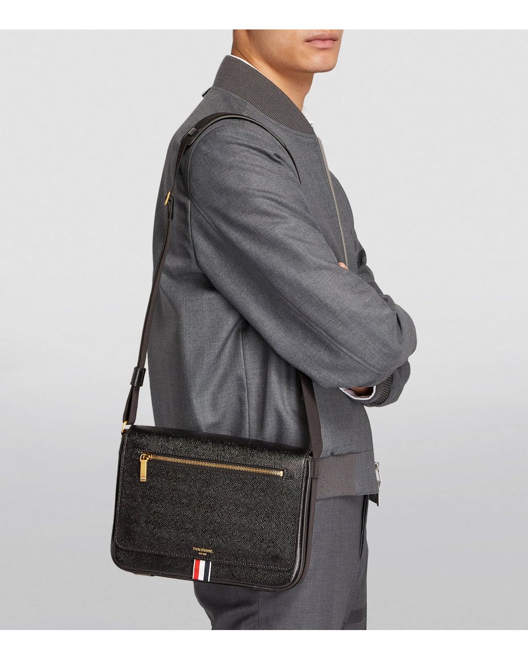 Thom Browne Black Pebbled Leather Reporter Bag for men