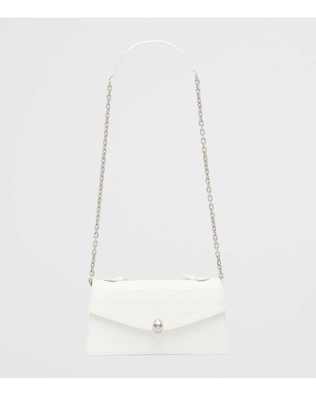McQueen White Croc-Embossed Skull Top-Handle Bag