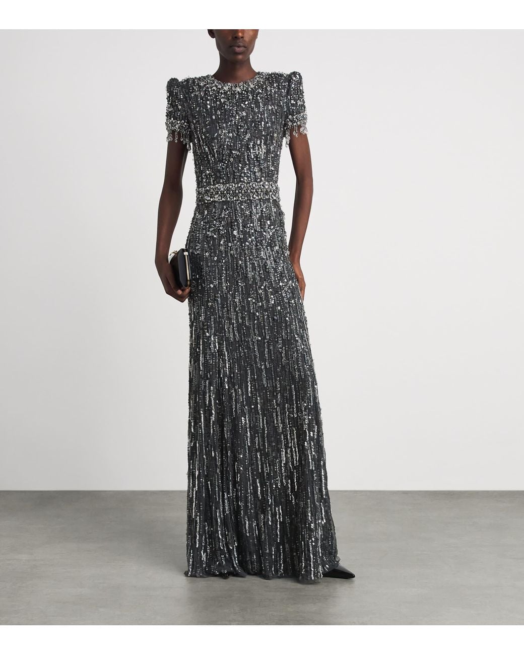 Jenny Packham Gray Short-Sleeve Rhinestone Maxi Dress