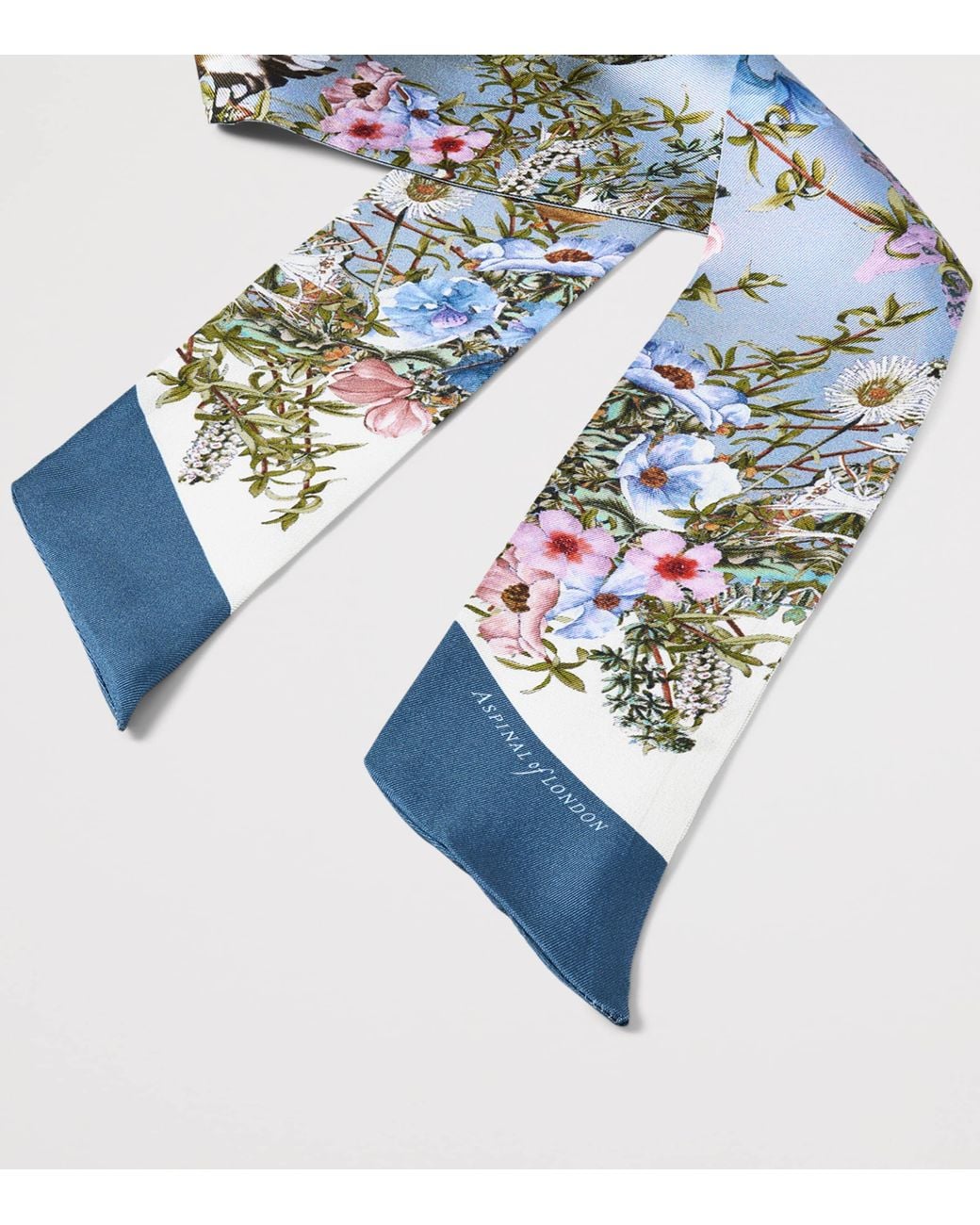 Aspinal Blue Silk Edwardian Garden Skinny Scarf