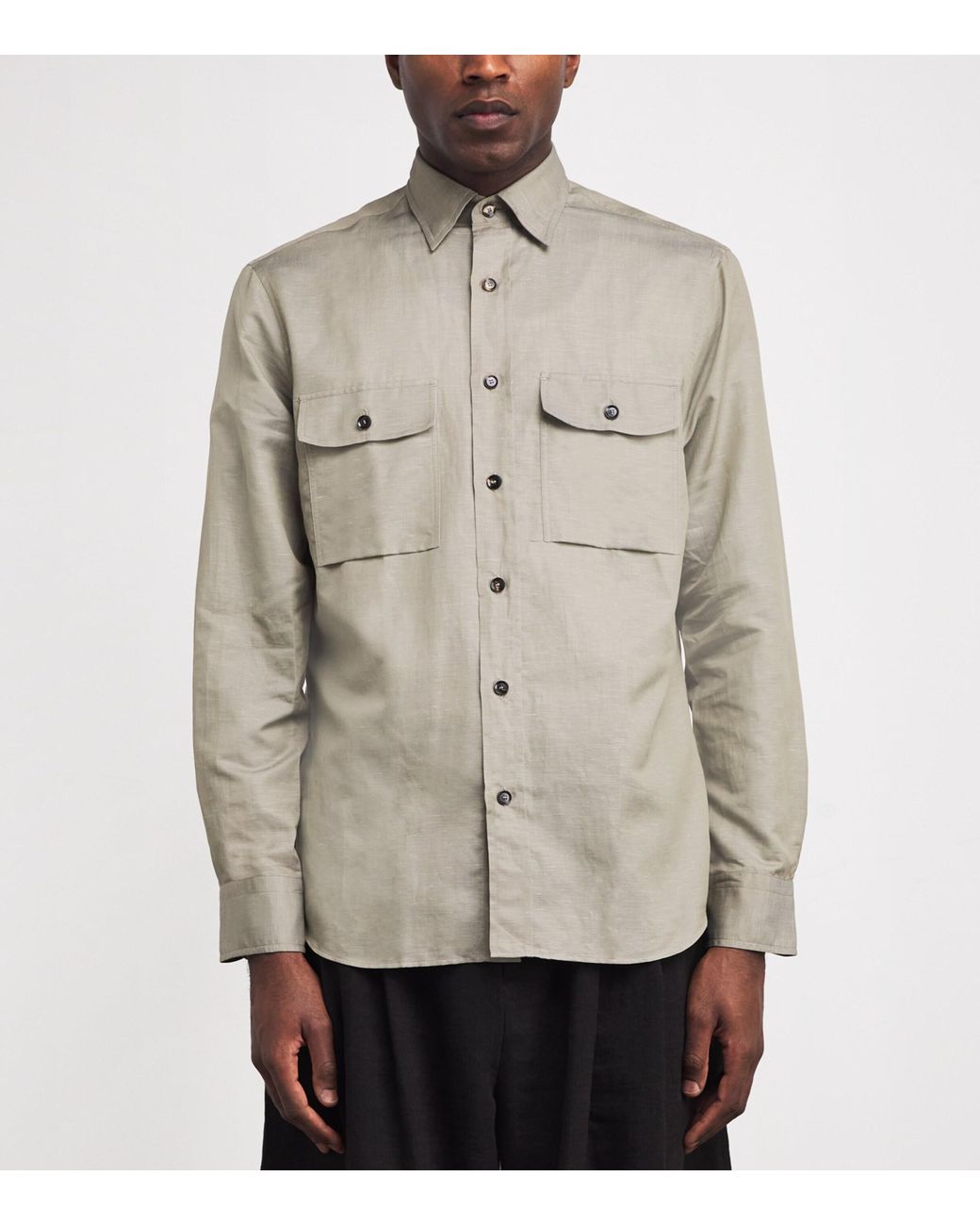 Brioni Gray Cotton-Linen Twin-Pocket Shirt for men