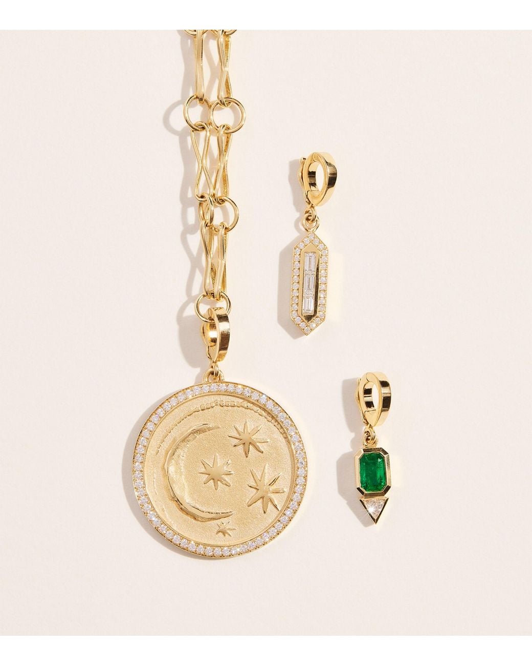 Azlee Metallic Diamond And Emerald Relic Charm Necklace
